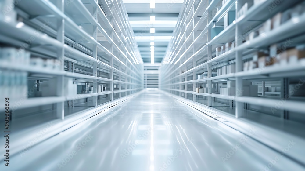 Obraz premium white empty high rack along the aisle : Generative AI