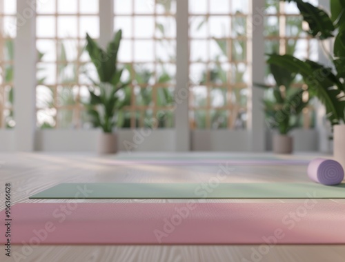 Yoga Mats Set Up for Morning Class in Tranquil Studio With Large Windows