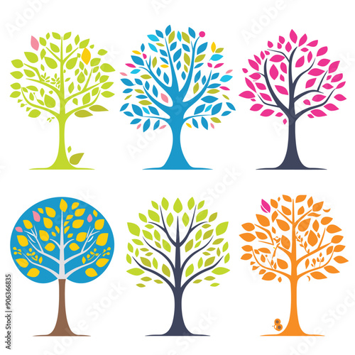Six stylized trees representing different seasons vibrant leaves. Simplified, colorful tree designs ideal seasonal concepts. Top row trees more leaf variety colors suggesting spring summer seasons