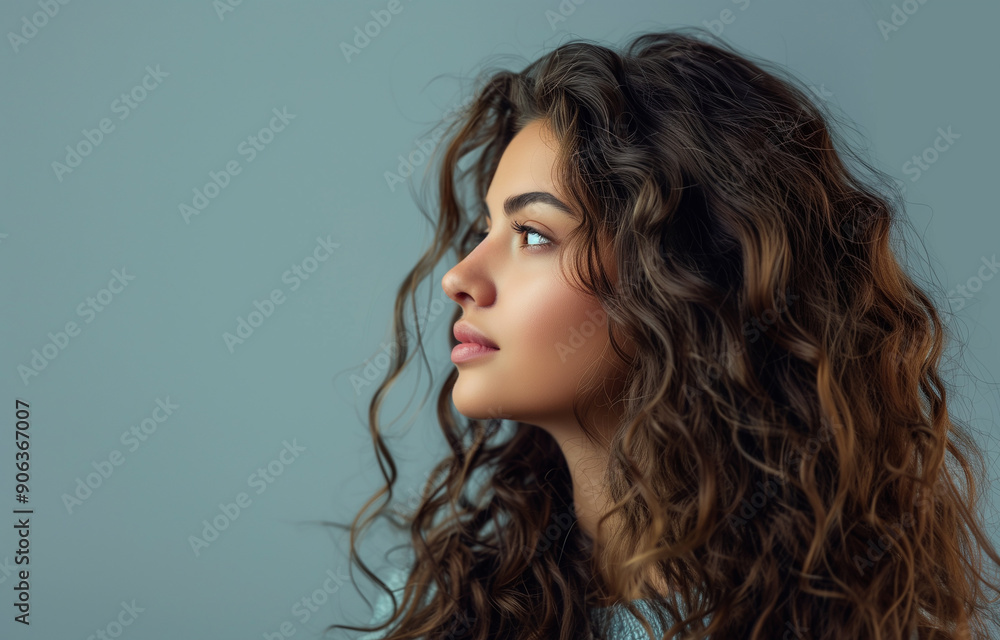 Perfect female profile. Fashion glamour woman with long hair and make-up on blue background Perfect female profile. Fashion glamour woman with long hair and make-up on blue background