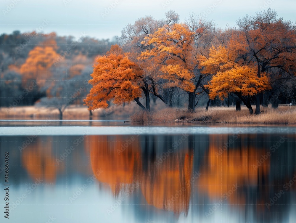 Obraz premium Autumn Trees Reflected in Calm Lake Water at Dusk