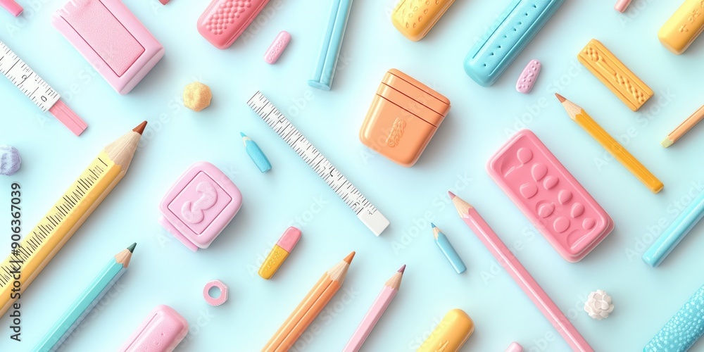 Playful Pastel Stationery Pattern with Cartoon Pencils, Erasers, and Rulers for Backgrounds and Designs Playful Pastel Stationery Pattern with Cartoon Pencils, Erasers, and Rulers for Backgrounds and Designs