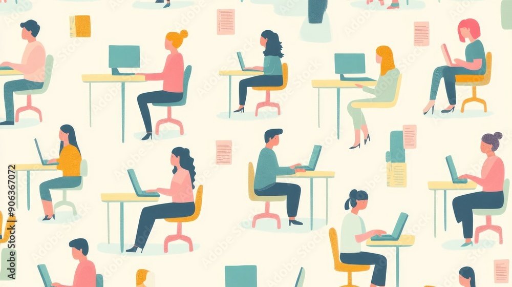 Whimsical Pastel Cartoon Office Workers - Seamless Pattern of Desk Typing Fun Whimsical Pastel Cartoon Office Workers - Seamless Pattern of Desk Typing Fun