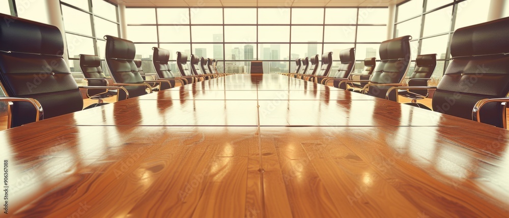 Obraz premium A modern conference room with a long wooden table surrounded by leather chairs and large windows providing ample natural light.