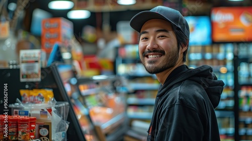 A delighted convenience store clerk processing a customer's purchase with a positive attitude and quick service