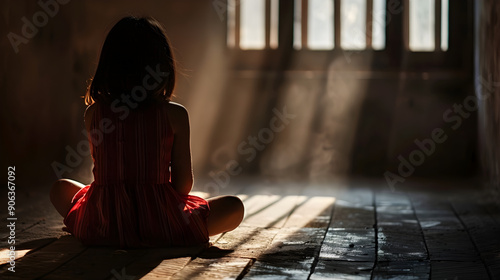 A kidnapped little girl sits in a dark room. June 4 is the International Day of Innocent Children Victims of Aggression. July 30 is World Day Against Human Trafficking.