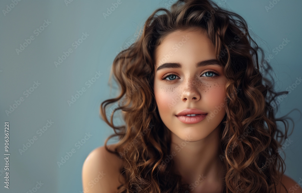 Young glam woman with long wavy hair. Model with curly hairstyle and healthy skin. Beauty, hairstyle, makeup and cosmetics Young glam woman with long wavy hair. Model with curly hairstyle and healthy skin. Beauty, hairstyle, makeup and cosmetics