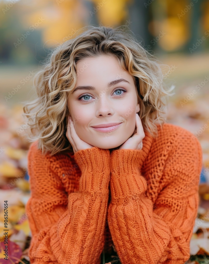 Woman With Curly Hair Relaxing Among Colorful Autumn Leaves in a Park Woman With Curly Hair Relaxing Among Colorful Autumn Leaves in a Park
