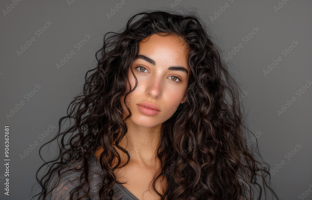 Perfect female model with fresh clean skin, natural makeup and long wavy hairstyle posing on studio background. Coiffure, cosmetic and hair care concept Perfect female model with fresh clean skin, natural makeup and long wavy hairstyle posing on studio background. Coiffure, cosmetic and hair care concept