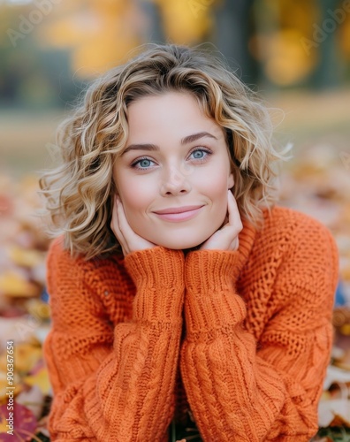 Woman With Curly Hair Relaxing Among Colorful Autumn Leaves in a Park