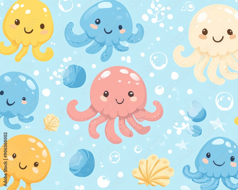 Playful Ocean Friends: Whimsical Pastel Pattern with Jellyfish, Octopuses, and Clams Playful Ocean Friends: Whimsical Pastel Pattern with Jellyfish, Octopuses, and Clams