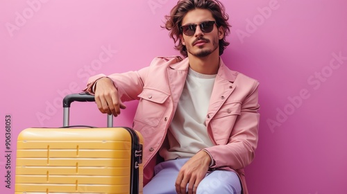 Sophisticated young man with suitcase sitting against soft lavender background