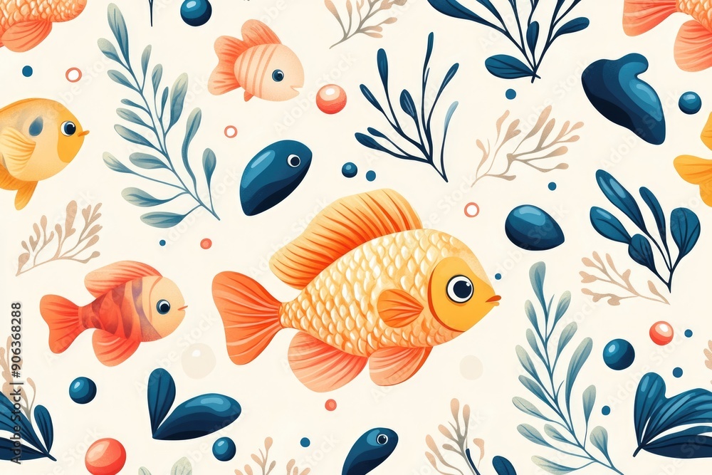 Underwater Wonderland - Seamless Pastel Cartoon Pattern with Tropical Fish, Sea Plants, and Bubbles on Light Background Underwater Wonderland - Seamless Pastel Cartoon Pattern with Tropical Fish, Sea Plants, and Bubbles on Light Background
