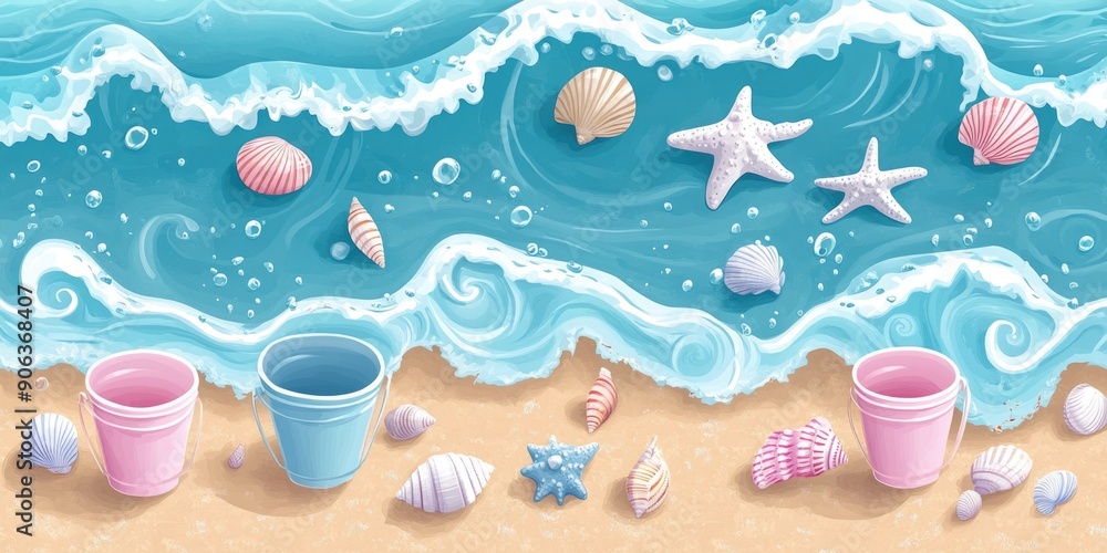Playful Cartoon Pattern of Pastel Sea Waves, Shells, and Beach Buckets - Seamless Ocean Background Design Playful Cartoon Pattern of Pastel Sea Waves, Shells, and Beach Buckets - Seamless Ocean Background Design