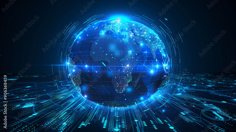 Fototapeta premium Blue hologram sphere with world map and glowing data stream, global communication network ai