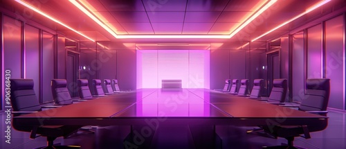 Modern futuristic boardroom with neon lighting, long conference table, and comfortable chairs, ideal for corporate and tech meetings.