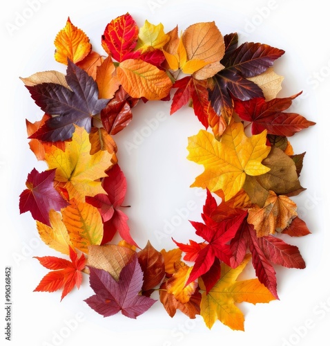 Autumn Wreath Made of Colorful Maple Leaves on a White Background