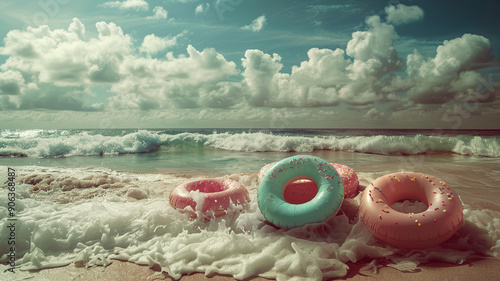 Fototapeta Naklejka Na Ścianę i Meble -  Old style photo of a serene sea beach with colorful inflatable donuts scattered along the shore, capturing a nostalgic, vintage vibe, evoking memories of carefree summer days by the water.