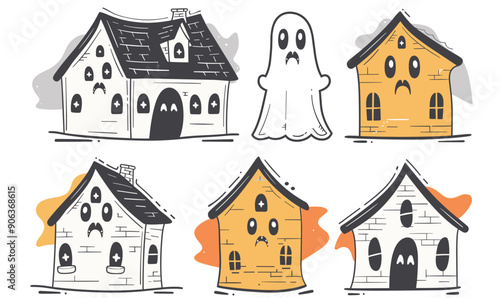 Haunted houses cartoonstyle icons sad ghost. Spooky facades ghostly windows, melancholic expressions, Halloween theme. Handdrawn haunted houses, eerie ghost illustration, playful creepy imagery