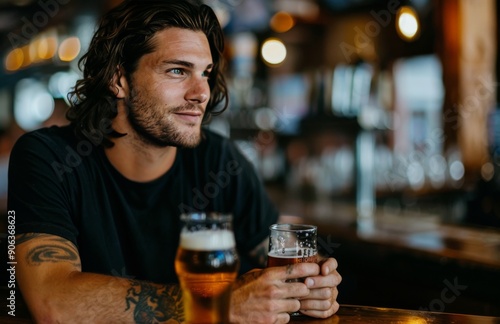 Close-Up of a Tattooed Man Enjoying Beer in a Cozy Bar Setting