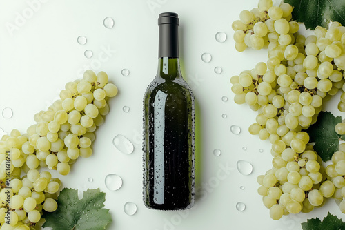 top view of a mock-up wine bottle on the white grapes with water drops , wine commercial photography photo