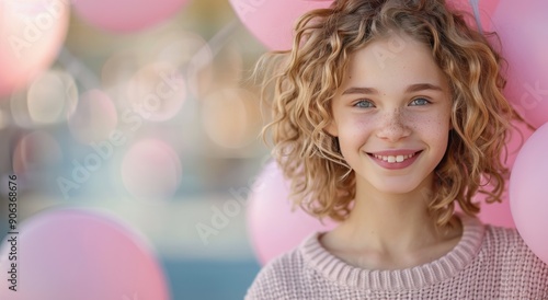 Happy Girl Smiling in Front of Pink and Silver Balloon Decoration at Celebration
