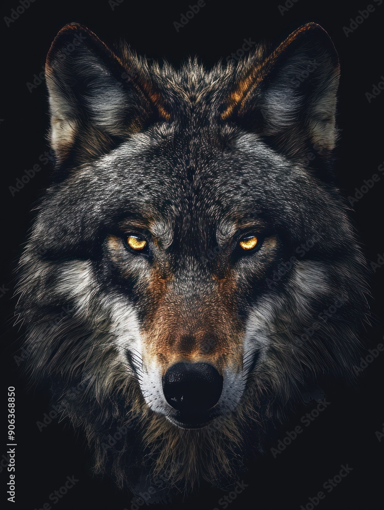 Close-up of a wolf with glowing golden eyes in darkness Close-up of a wolf with glowing golden eyes in darkness