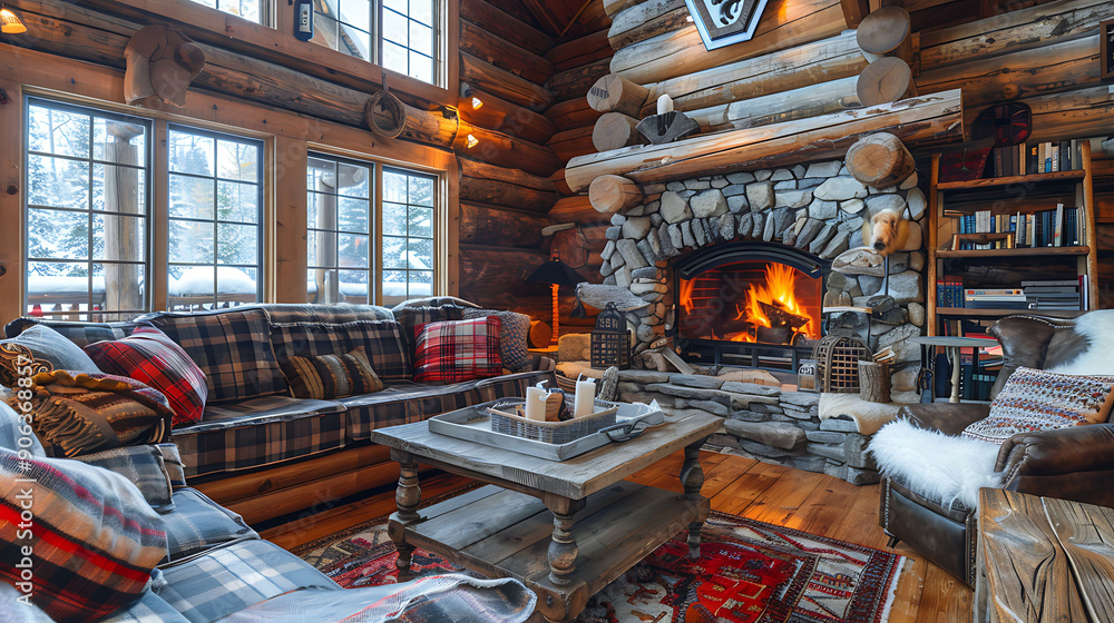 Interior showcasing cozy Ambiance with a crackling fireplace and plush seating in a rustic cabin Interior showcasing cozy Ambiance with a crackling fireplace and plush seating in a rustic cabin