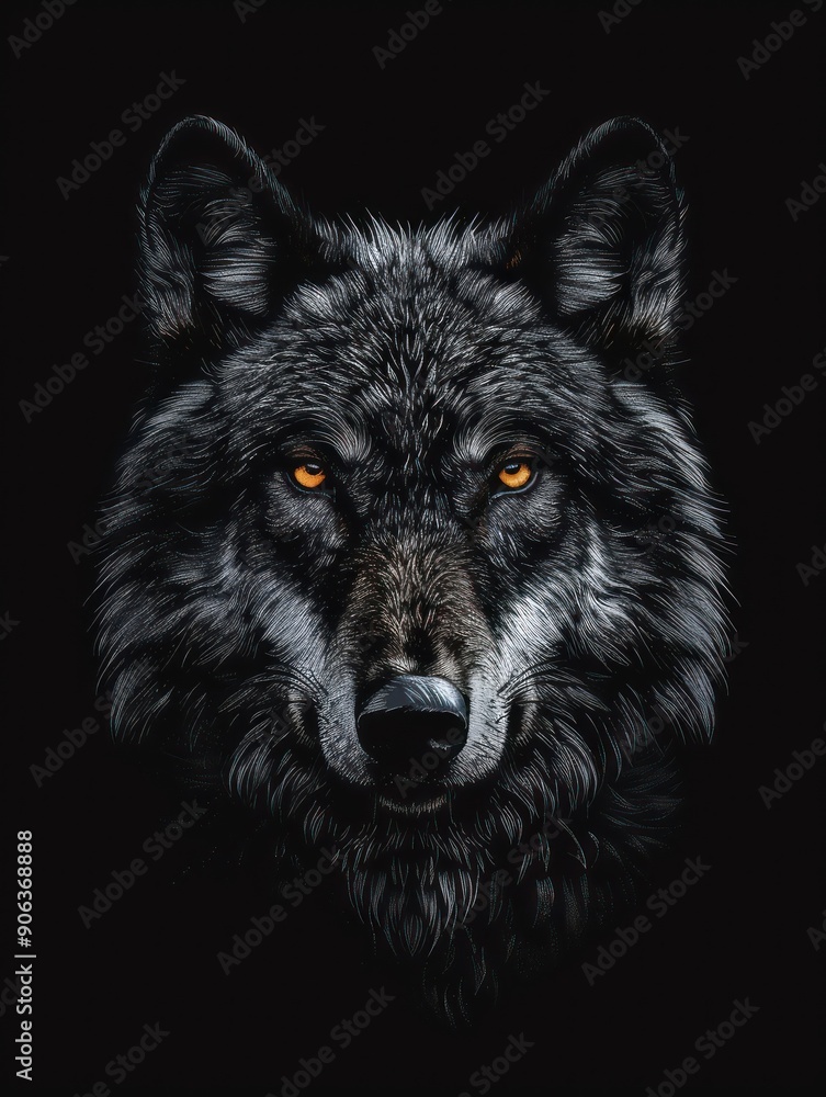 Dark-themed wolf portrait with intense orange eyes Dark-themed wolf portrait with intense orange eyes