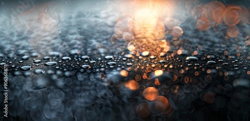 Close-Up View of Water Droplets on a Dark Surface With Soft Reflections