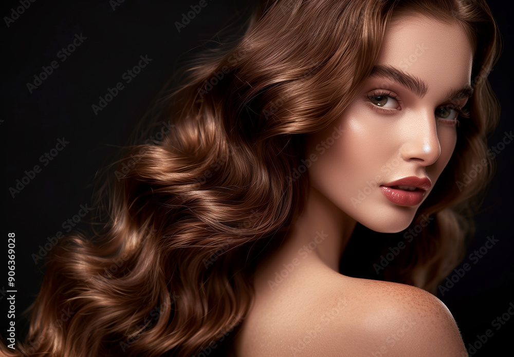 Fashionable brunette model woman with long curly hair. Young adult woman with hairstyle wavy curls. Fashion, beauty and makeup concept Fashionable brunette model woman with long curly hair. Young adult woman with hairstyle wavy curls. Fashion, beauty and makeup concept