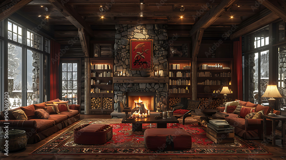 Interior showcasing cozy Ambiance with a crackling fireplace and plush seating in a rustic cabin Interior showcasing cozy Ambiance with a crackling fireplace and plush seating in a rustic cabin