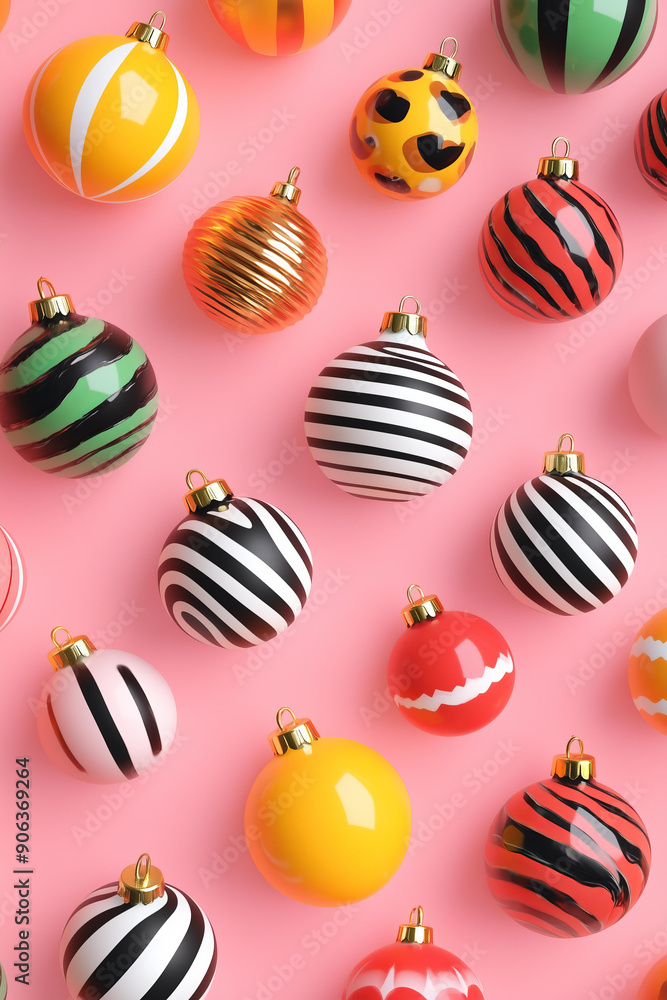 pattern of colorful Christmas tree baubles in various sizes and ornaments on a solid pink background, creating an elegant wallpaper pattern of colorful Christmas tree baubles in various sizes and ornaments on a solid pink background, creating an elegant wallpaper