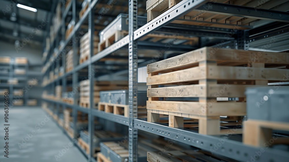Metal warehouse shelves Modern logistics warehouse Shelves for storing goods and goods Empty shelves with wooden pallets Cargo storage : Generative AI Metal warehouse shelves Modern logistics warehouse Shelves for storing goods and goods Empty shelves with wooden pallets Cargo storage : Generative AI