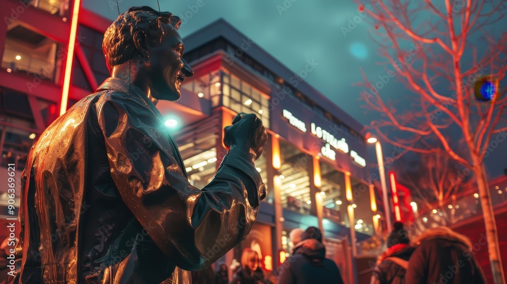 A football club unveiling a tribute statue of a legendary player outside their stadium, honoring their contributions to the team's history and enduring legacy. A football club unveiling a tribute statue of a legendary player outside their stadium, honoring their contributions to the team's history and enduring legacy.