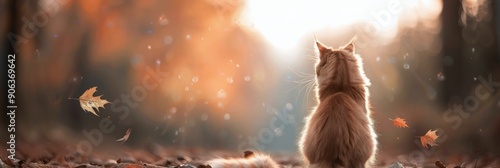 Orange Cat Sitting in Autumn Leaves During Sunset