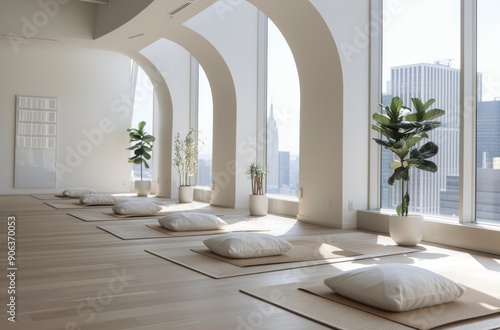 Modern Yoga Studio With Floor-To-Ceiling Windows And Plants In Urban Setting