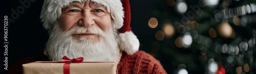 Santa Claus Holding Gift With Christmas Tree Background in Cozy Setting