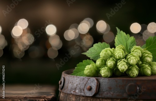 Freshly Harvested Hops on Rustic Table With Beer Glasses in Background