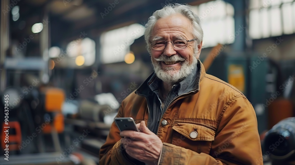 A joyful senior Caucasian man is on his break in the factory workshop using his cellphone and smiling with copyspace : Generative AI A joyful senior Caucasian man is on his break in the factory workshop using his cellphone and smiling with copyspace : Generative AI