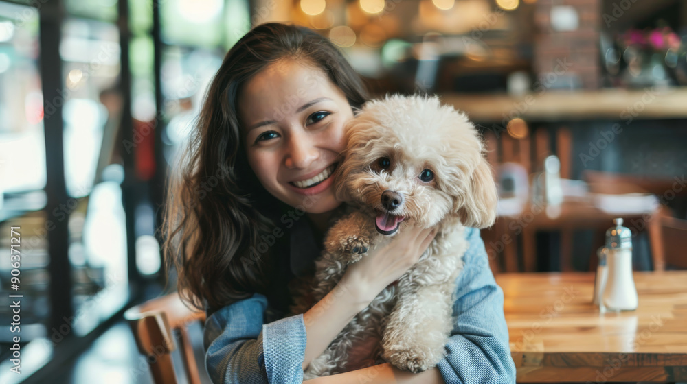 Happy woman cuddling a joyful small dog in a cozy cafe setting, capturing a moment of affection and happiness. Happy woman cuddling a joyful small dog in a cozy cafe setting, capturing a moment of affection and happiness.