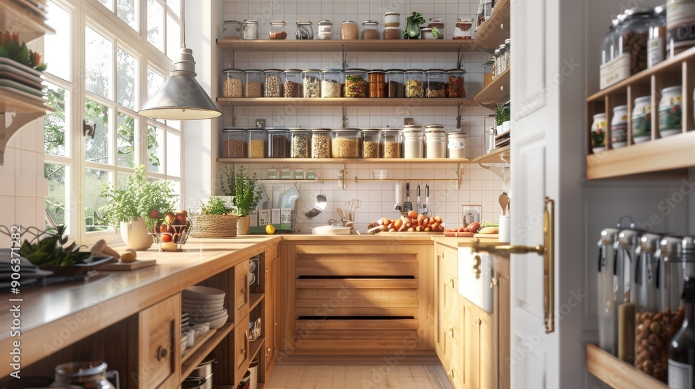 A kitchen with a large pantry stocked with organized shelves of canned goods, baking supplies, and kitchen essentials A kitchen with a large pantry stocked with organized shelves of canned goods, baking supplies, and kitchen essentials