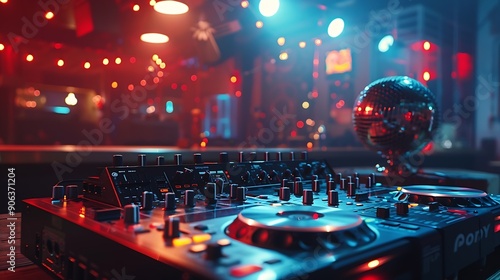 Empty DJ mixing panel at funky club spotlights and disco ball at the bar used for dancing and clubbing Dance floor at discotheque with audio equipment station used for partying nightli : Generative AI photo