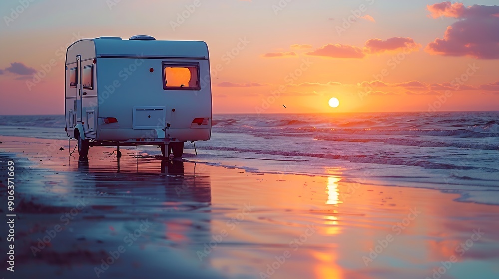Sun rising over sea horizon day break and caravan parking on beach sea shore Travel with mobile home : Generative AI Sun rising over sea horizon day break and caravan parking on beach sea shore Travel with mobile home : Generative AI