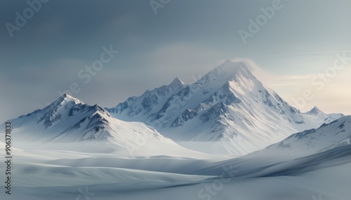 Snow-Capped Mountains Under a Misty Sky at Dawn