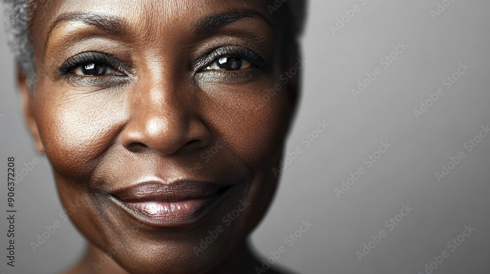 A half-portrait of an elderly African American woman with natural skin and a slight smile, highlighting her grey hair and smooth facial features A half-portrait of an elderly African American woman with natural skin and a slight smile, highlighting her grey hair and smooth facial features