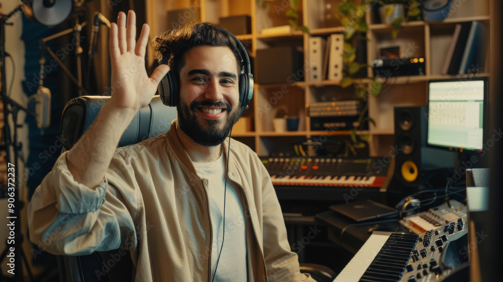A smiling man waves while sitting at a music workstation, emitting positive energy in a modern, well-equipped studio. A smiling man waves while sitting at a music workstation, emitting positive energy in a modern, well-equipped studio.
