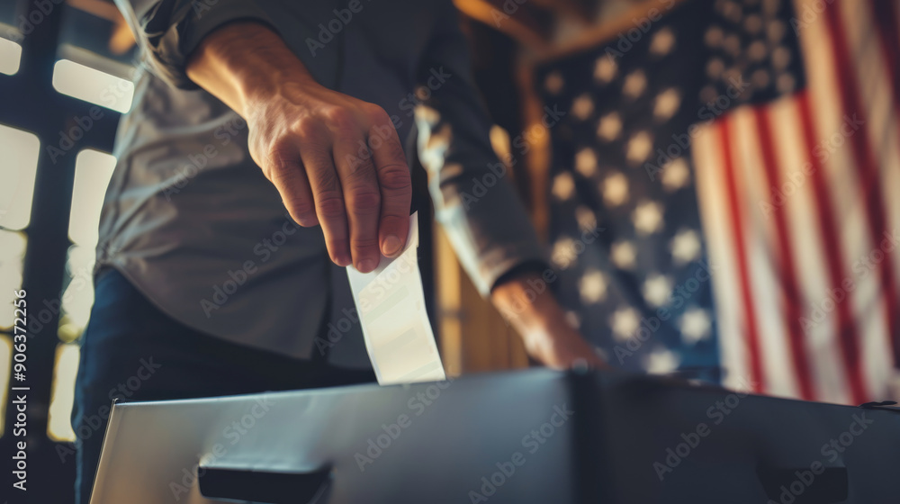 Naklejka premium A person drops a voting ballot into a box with the American flag in the background, representing active participation in the electoral process and democracy.