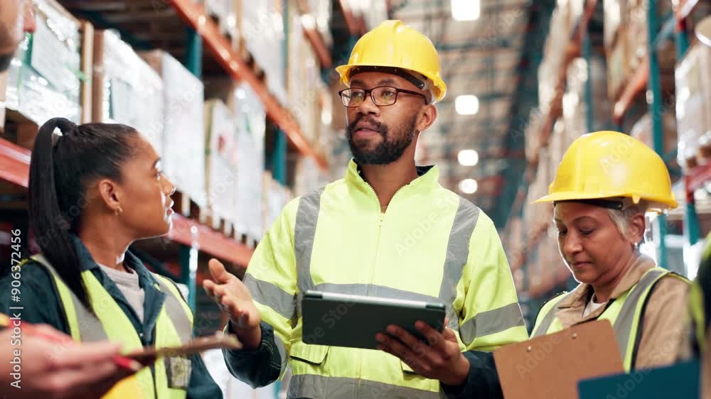 Logistics, team and tablet with discussion in warehouse for inspection, storage control and service delivery. Planning, supervisor or stock checklist for inventory management and freight distribution Logistics, team and tablet with discussion in warehouse for inspection, storage control and service delivery. Planning, supervisor or stock checklist for inventory management and freight distribution