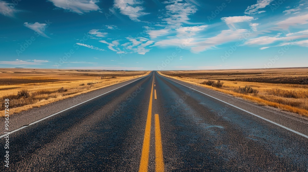 A long, straight highway stretching into the horizon, surrounded by vast fields and open skies. A long, straight highway stretching into the horizon, surrounded by vast fields and open skies.